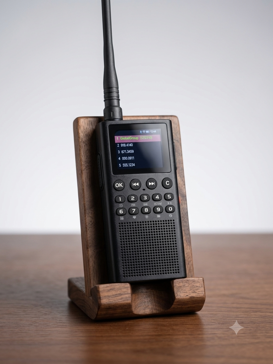 ChoYong WT2 POC radio sitting in a wooden stand on a desk, showing the channel list on the color display